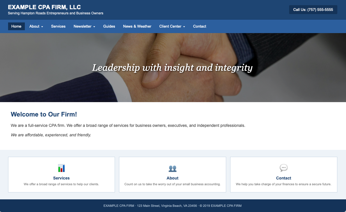 Typical CPA firm website with stock handshake photo and dated design